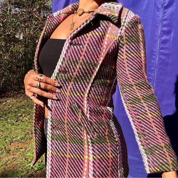 {Cherokee} Vintage Pink & Plaid Striped Mid-Length Wool Coat, Authentic Original - Picture 5 of 15